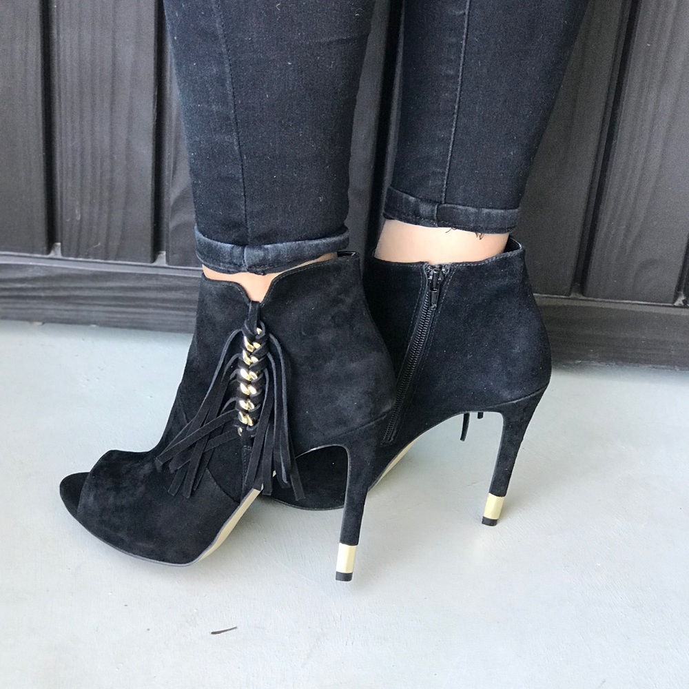 Black Peep Toe Fringe Tassel Ankle Boots - Picture 8 of 8